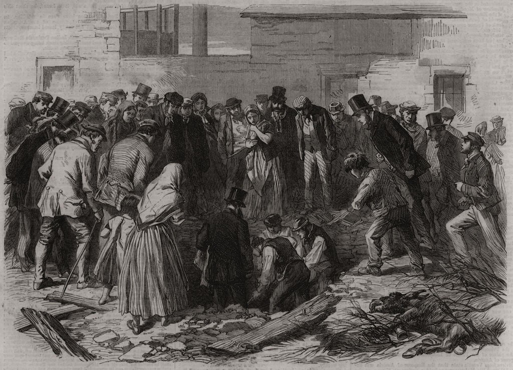 Sheffield floods: searching for the dead at Neepsend. Yorkshire 1864 old print